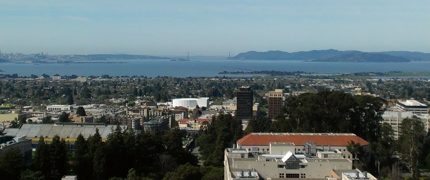 Downtown Berkeley seen from Sather Tower on the University of California campus, with San Francisco Bay, the Golden Gate Bridge and the Marin headlands beyond