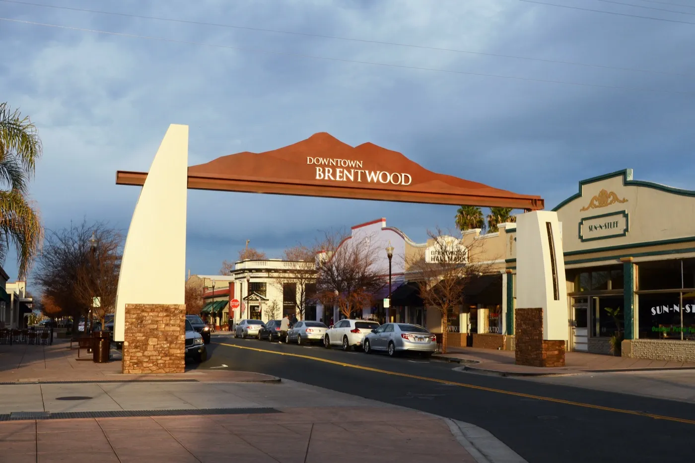 Gateway sign at the entrance to downtown Brentwood, California