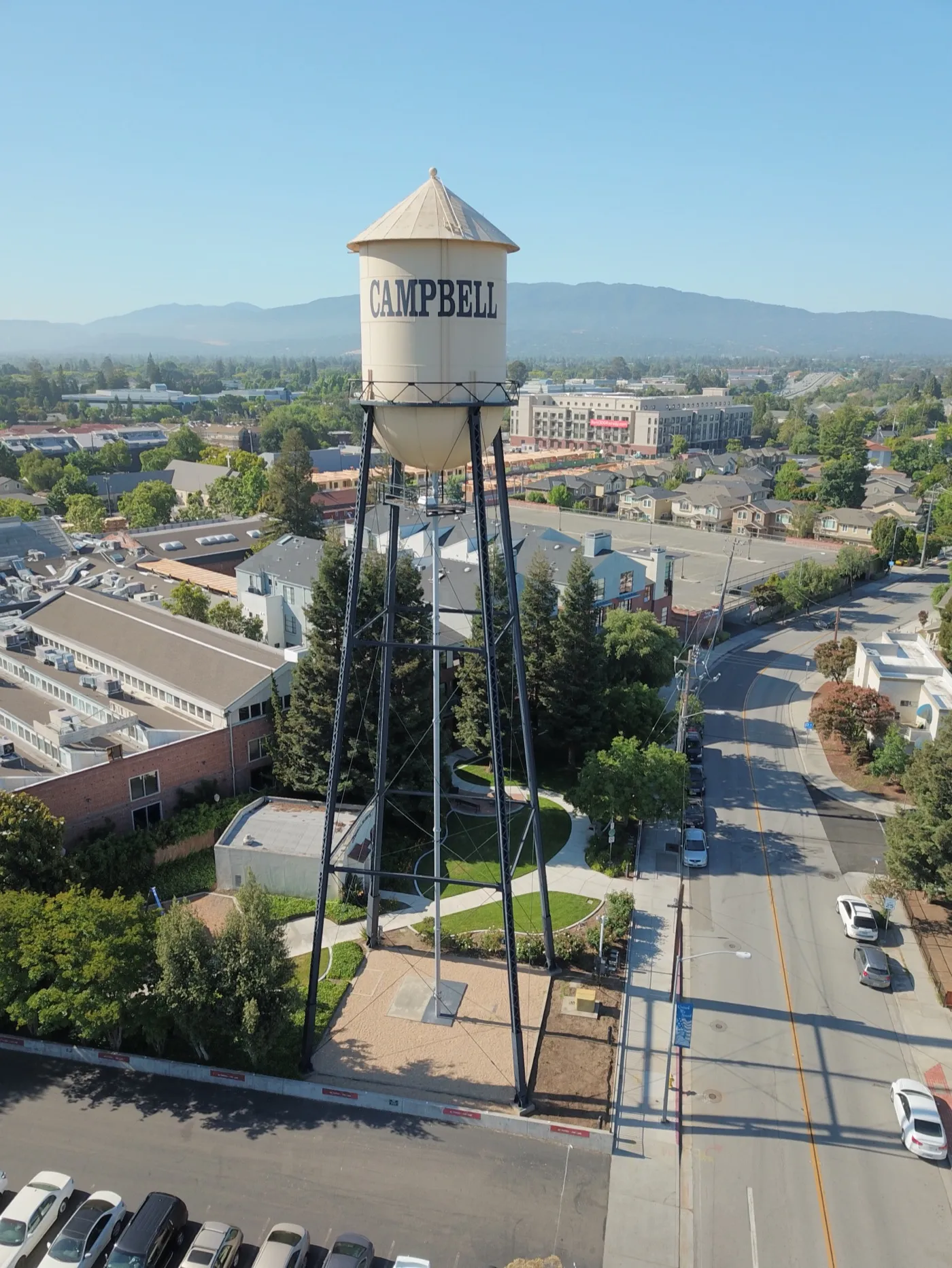 Aerial view of the Campbell Water Tower rising above downtown Campbell, California