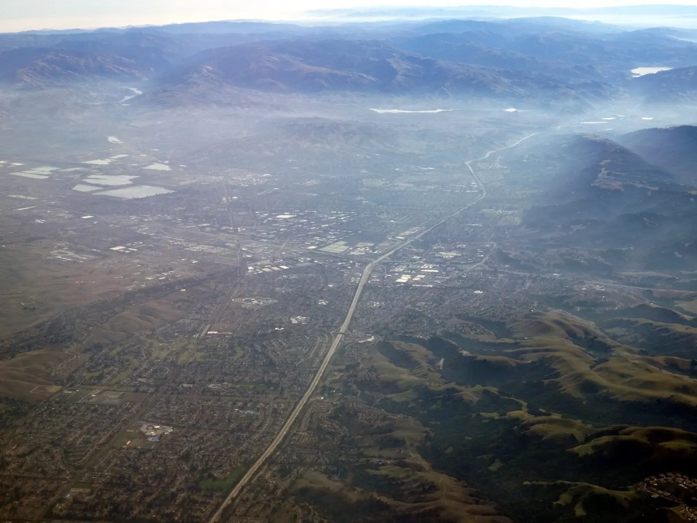 Aerial view of Dublin, California under a layer of morning fog