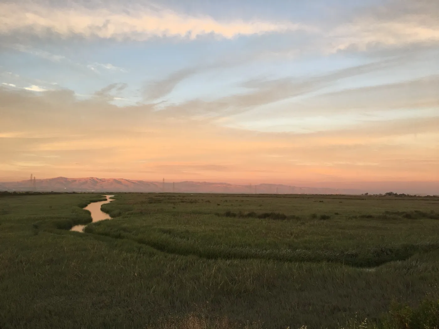 Boardwalk trail along the San Francisco Bay shoreline at sunset in East Palo Alto, part of the Don Edwards San Francisco Bay National Wildlife Refuge.