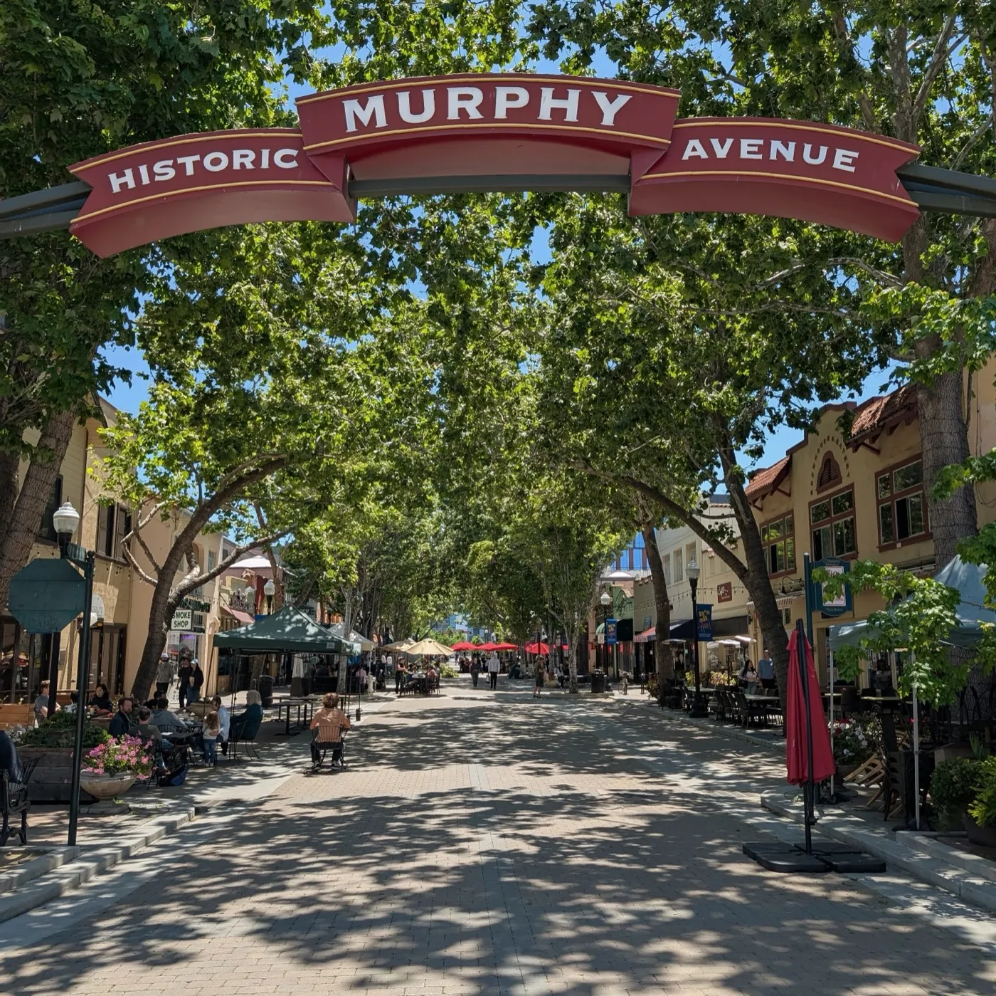 Historic storefronts and street trees along Murphy Avenue in downtown Sunnyvale, California