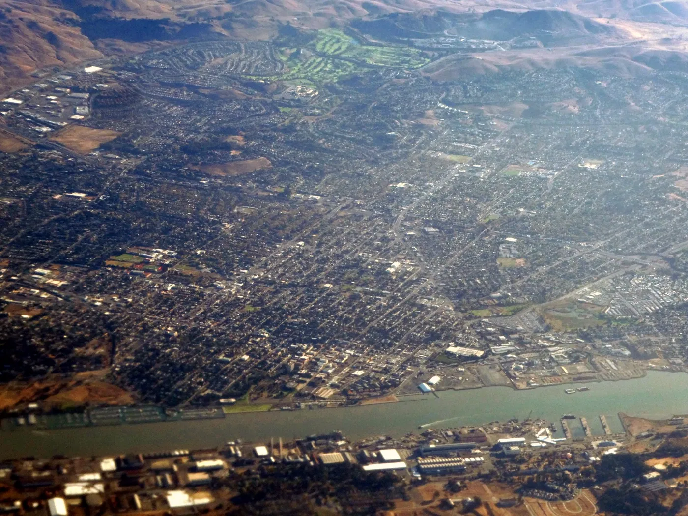Aerial view of the city of Vallejo, California, along the Napa River waterfront