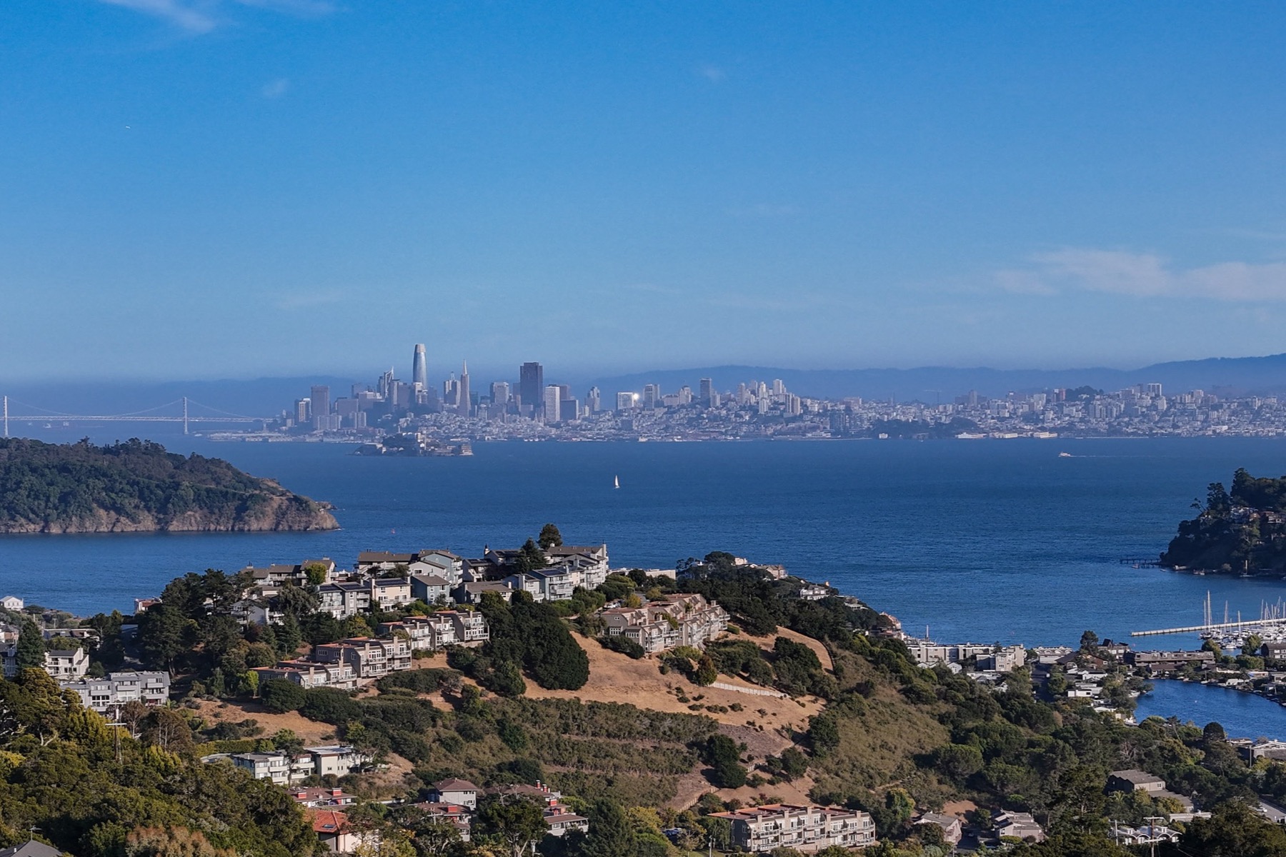 The Tiburon peninsula by day, looking across San Francisco Bay to the city skyline, with Angel Island offshore