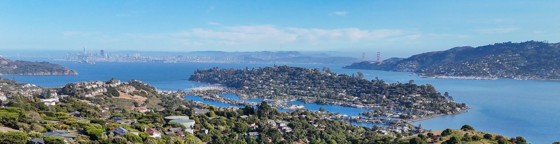 Panoramic view over the Tiburon peninsula, San Francisco Bay, the city skyline, and the Golden Gate Bridge