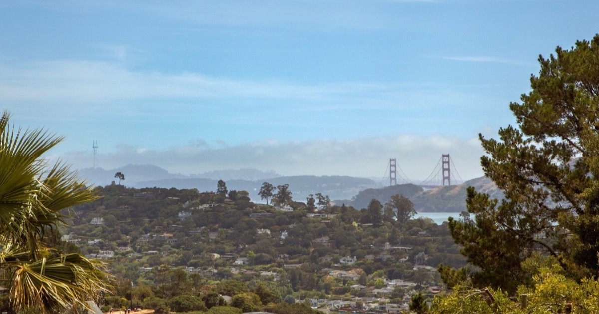 Golden Gate Bridge view over the Tiburon hillside from the off-market estate Lily represents